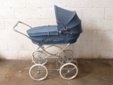Restmor vintage pram with sprung suspension and chrome basket undershelf, height to handle 92cm