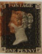 Great Britain 1d black S.F. 4 margins, light red Maltese cross cancellation, plate 4