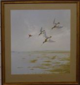 Watercolour study of snipe in flight, 46 x 42cm and an Archibald Thorburn print 'The First