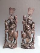 Pair of Chinese wire inlaid carved hardwood figures of warriors, H53cm