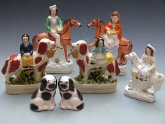 Two pairs of mounted Staffordshire figures including Prince and Princess, pair of dogs etc,