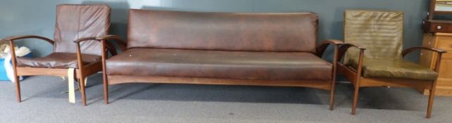 Retro G plan, Danish or similar three piece suite comprising two armchairs and futon or sofa bed all