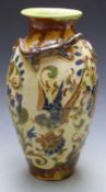 Barum Pottery vase decorated with birds and lizards in relief, height 37cm