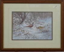 B Hobson watercolour 'The First Snow - Pheasants', pair of pheasants in a snowy landscape, signed