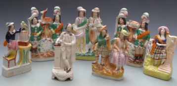 Seven 19thC Staffordshire flatback figures including Scottish interest, tallest 13.5cm