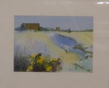Lynne Carmichael watercolour landscape, signed lower left, 24 x 34cm with Vancouver B.C label verso