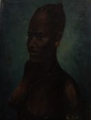Five African oil on canvas portraits of tribal people and a further example depicting a village