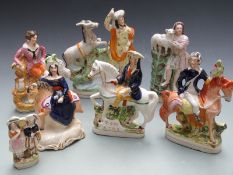 Seven 19thC Staffordshire figures including Tom King, mounted riders etc, tallest 26cm