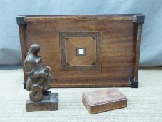 Art Deco mahogany and parquetry tray with gallery, tooled leather box and a carved wooden figure