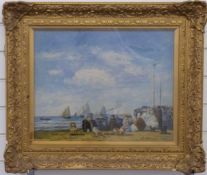 A 19th/20thC oil on canvas beach scene with group of people watching a yacht race, signed possibly E