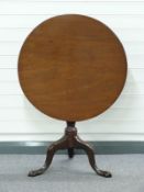 Georgian mahogany tilt top occasional table raised on tripod base with single piece top, diameter