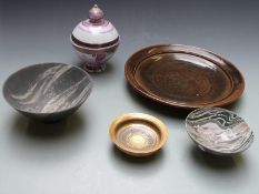 Studio pottery including large shallow dish by David Ballantyne, covered pedestal vessel and