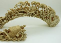 19thC Chinese ivory tusk finely carved with village scenes including buffalo, man on horseback etc