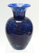 Dartington studio glass vase with blue crackle decoration, 23cm tall.