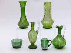 Six pieces of Mary Gregory green glassware all with white enamel decoration, largest 26cm tall