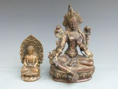 Chinese cast and gilt model of Guanyin and a Tibetan model of a lady on lotus leaf, tallest 20cm