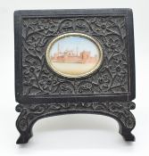 19thC Indian miniature watercolour in carved easel backed ebony frame, image 3 x 4cm, frame 9.5 x