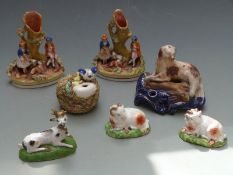 Small Staffordshire spill vases, figural inkwells, 18th/19thC porcelain animals, tallest 11.5cm