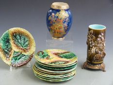 Carltonware Mikado vase, 19thC majolica plates and a 19thC vase with applied flower decoration