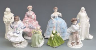 Eight Royal Worcester, Coalport and Royal Doulton figurines, three with certificates, including