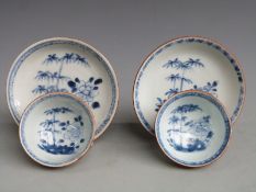 Two Nanking Cargo 18thC tea bowls and saucers with Christies labels to base, cups 4cm tall
