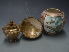 A 19th/ 20thC Japanese Satsuma bowl with mark to base, a Japanese Satsuma jardiniere and a
