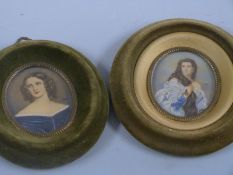 Two oval portrait miniatures of ladies, both indistinctly signed, maximum diameter 8cm, in green
