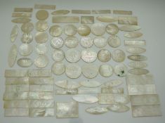 Approximately 77 19thC Chinese carved mother of pearl gaming counters