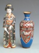 A famille noir figure of a Japanese geisha and a cloisonné vase, both probably early 20thC,