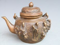 Chinese bronze/ brass tea pot decorated with various figures and four character mark to base, 10cm