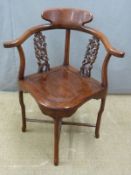 Chinese elm corner chair with pierced splats and shaped back support, H85cm