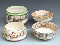 Royal Doulton Dickens Series Ware jardiniere, two bowls and a comport, largest H16cm, diameter 21cm