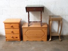 Pine bedside chest of drawers, pine box, stand and a table, tallest 67cm