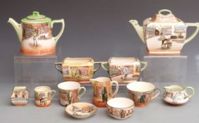 Royal Doulton Dickens Series teaware including two teapots, various sugars, milk jug jugs, cups