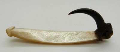 18th/19thC Maori/Polnesian fishing Pa Kahawai (trolling lure) of abalone and carved bone/ eagles