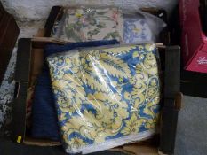 Four boxes of mainly curtain fabric, backing, rolls of hanging header, tassels, ropes, tiebacks