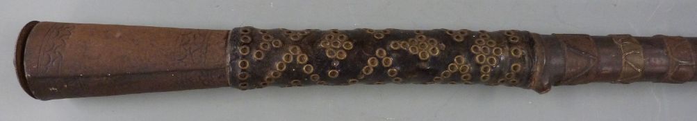 19thC African tribal chief's or headman's staff with braided wire, riveted leather, brass spiral