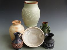 C H Brannam Barum Pottery three handled vase, Denby, Prinknash and other pottery items, tallest 27cm