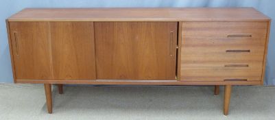 Retro G plan or similar sideboard with sliding doors and four drawers, W190 x D43 x H79cm