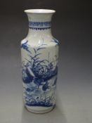 Chinese blue and white rouleau vase with bird decoration and Kangxi mark to base, 43cm tall