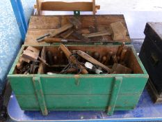 Quantity of woodworking tools including chisels, plane, braces, square etc in a vintage chest