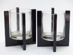 Pair of Art Deco style glass vases with black frames, 20.5cm tall