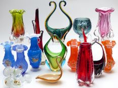 Sixteen pieces of coloured glass to include Whitefriars controlled bubble vase, Murano sommerso,