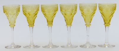 Six John Walsh Walsh wine glasses with uranium style yellow glass bowls cut and engraved with
