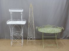 Three metalwork garden/conservatory tables/stands, height of tallest 138cm