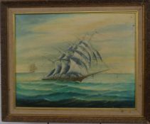 Miniature oil on canvas ship in full sale, indistinctly signed lower left possibly Martinelli, 40