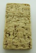 19thC Chinese carved ivory card case with decoration of village scenes, H8.5 x W4.5cm