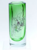 Czech cylindrical vase by Petr Hora with hand applied web design in pink and white over green