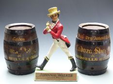 Two vintage bar top Cadoza sherry barrels, height 28cm together with a Johnnie Walker Scotish Whisky
