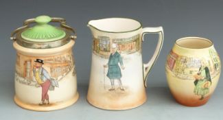 Royal Doulton Dickens Series Ware vase, jug and biscuit barrel with plated mounts, tallest 18cm